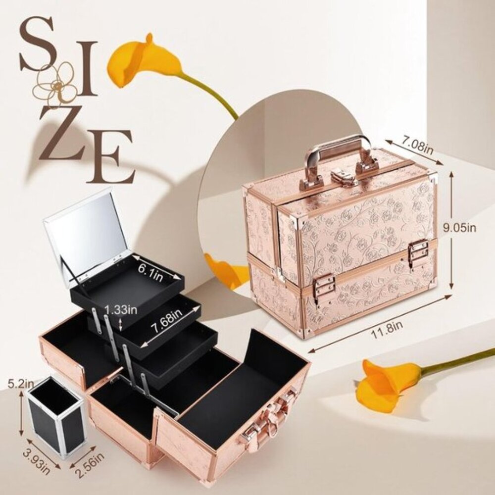New 11.8In Rose Gold Makeup Case with Mirror, Portable Cosmetic Organizer Box - Picture 5 of 9